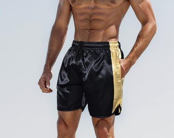 Black Gold Satin Boxing Shorts with Retro Style