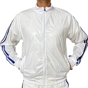 Radiant Performance: Haut de jogging de sport transparent en nylon PU en blanc/bleu brillant image 5