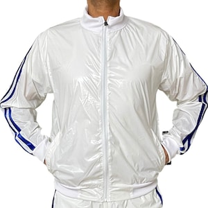 Radiant Performance: PU Nylon Transparent Sport Jogging Top in Shiny White/Blue Bild 5