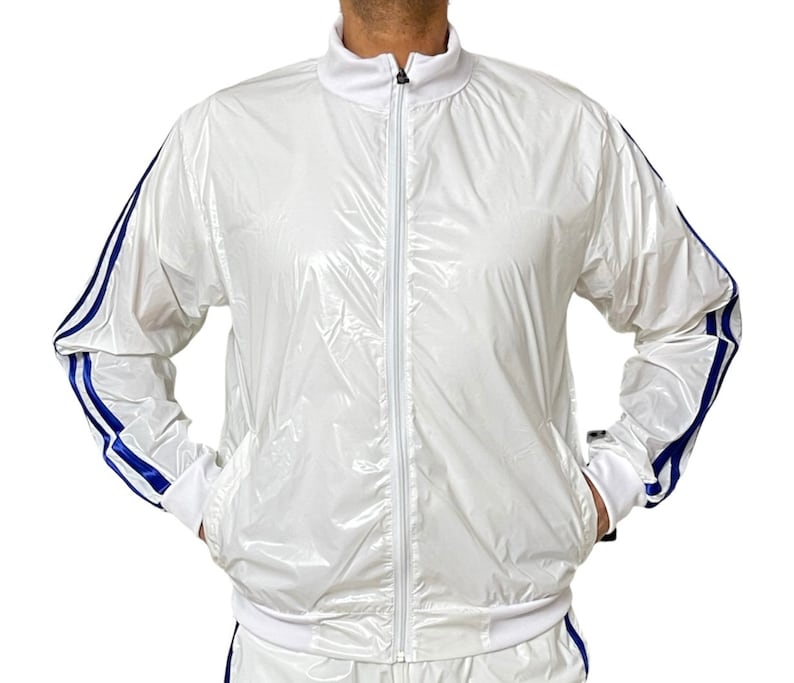 Radiant Performance: PU Nylon Transparent Sport Jogging Top in Shiny White/Blue image 5