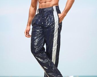 High-Shine PU Track Pants – Navy Blue Athletic Joggers with White Stripe Detail