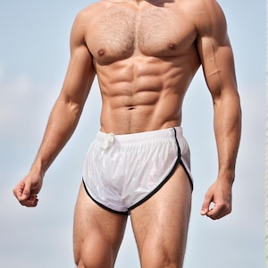 Shiny White Athletic Shorts – High-Cut PU Nylon Design