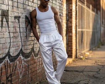 Men’s White Shiny Satin Baggy Pants – Stylish, Comfortable & Trendy Sportswear