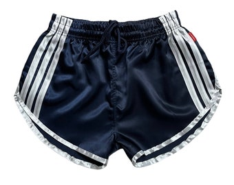 Navy Blue Sleek Nylon Satin Retro Shorts: Channeling Elegance and Sporty Athleticism