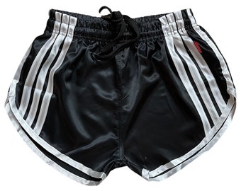 Black Nylon Satin Retro Short with a sporty sprint design