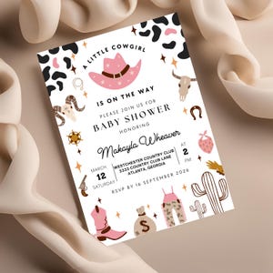 Little Cowgirl Baby Shower Invitation Set Template, Western Pink Baby Shower , Printable Editable Wild West Desert Invites,