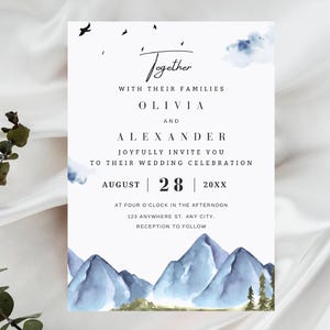 blue Mountain Wedding Invitation Template Set, Woodland Forest Pine Wedding Invite Suite, Rustic Sage Details Card, Download