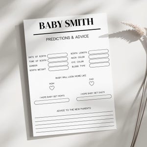 Prédiction de baby shower et carte de conseils à imprimer, jeu de baby shower, activité de baby shower minimaliste neutre, souvenir amusant de baby shower