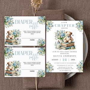 Faire-part de fête prénatale Un nouveau chapitre commence, invitation de livre de contes neutre en matière de genre, modèle de fête de fleurs sauvages, livres pour bébé, carte de tombola de couches