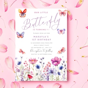 Pink & Purple Butterfly Birthday Invitation - Floral 1st Birthday Party Invite for Girls