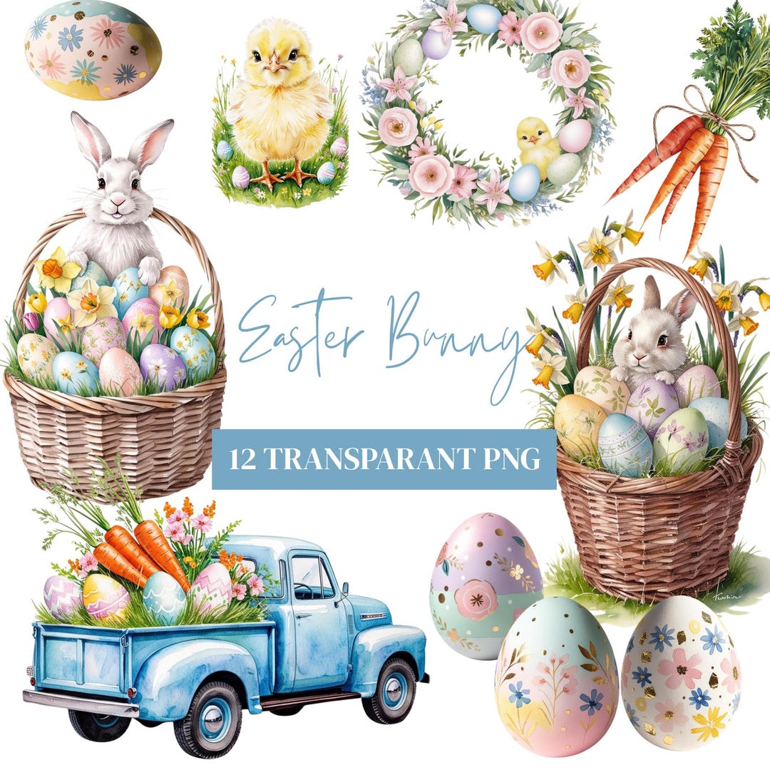 Easter Bunny Watercolor Clipart - Cute Spring Rabbit PNG Bunny With ...