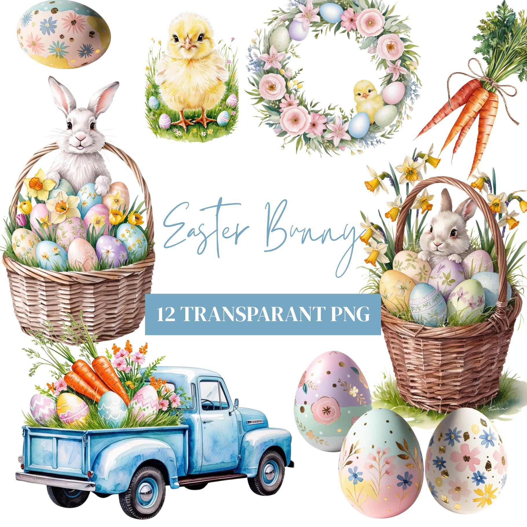 Easter Bunny Watercolor Clipart - Cute Spring Rabbit PNG Bunny With ...