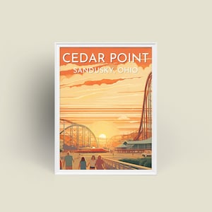 Impressão de arte retrô de Cedar Point Sandusky Ohio, impressão de paisagem urbana vintage de Cedar Point, impressão de arte de parede moderna de meados do século, impressão digital
