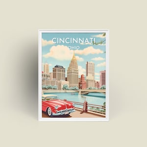 Cincinnati Ohio Retro Art Print, Cincinnati Vintage Cityscape Print, Cincinnati Mid-Century Modern Wall Art Print, Digital Print