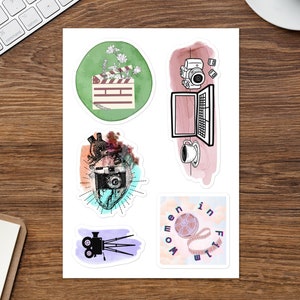 Film Lover's Sticker sheet: Flower Slate Sketch, Women in film, Watercolor splashes, camera and anatomical heart, female filmmakers gift