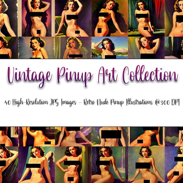 Vintage Pinup Art Collection: 40 High-Resolution JPG Images - Retro Nude Pinup Illustrations @300 DPI