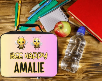 Bee Happy Lunch Bag | Personalized Kids Lunch Box | Yellow and Pink School Lunch Bag | Insulated Lunch Bag