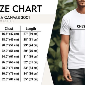 Puede incluir: Tabla de tallas para una camiseta unisex, que muestra las medidas de pecho y largo en pulgadas y cent&iacute;metros para las tallas XS a 5XL. BELLA CANVAS 3001.