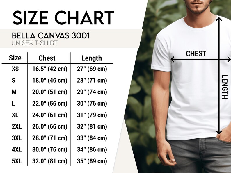 Puede incluir: Tabla de tallas para una camiseta unisex, que muestra las medidas de pecho y largo en pulgadas y cent&iacute;metros para las tallas XS a 5XL. BELLA CANVAS 3001.