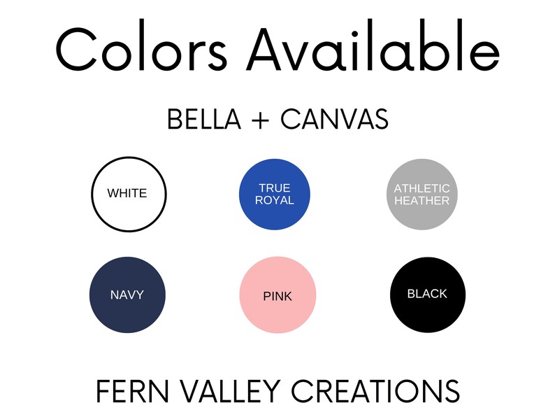 Puede incluir: Carta de colores que muestra los colores disponibles para las camisetas Bella + Canvas. Los colores incluyen blanco, azul royal, gris deportivo, azul marino, rosa y negro.