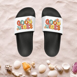 Kids Beach Sandals | Youth Flip Flops | Childrens Slide Sandals | Retro Sandals | Good Vibes White Shoes | Kids Pool Shoes | Slide Sandals
