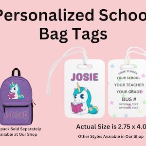 Étiquette de sac à dos pour enfants | Étiquette de cartable enfant | Retour à l'école | Étiquette de sac de livre | Sac à dos personnalisé pour enfants | Cadeau Licorne | Cadeau enfant personnalisé