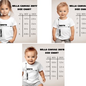 Puede incluir: Tabla de tallas para camisetas Bella Canvas 3001Y, 3001T y 3001B. La tabla muestra las medidas de ancho y largo en pulgadas para cada talla.