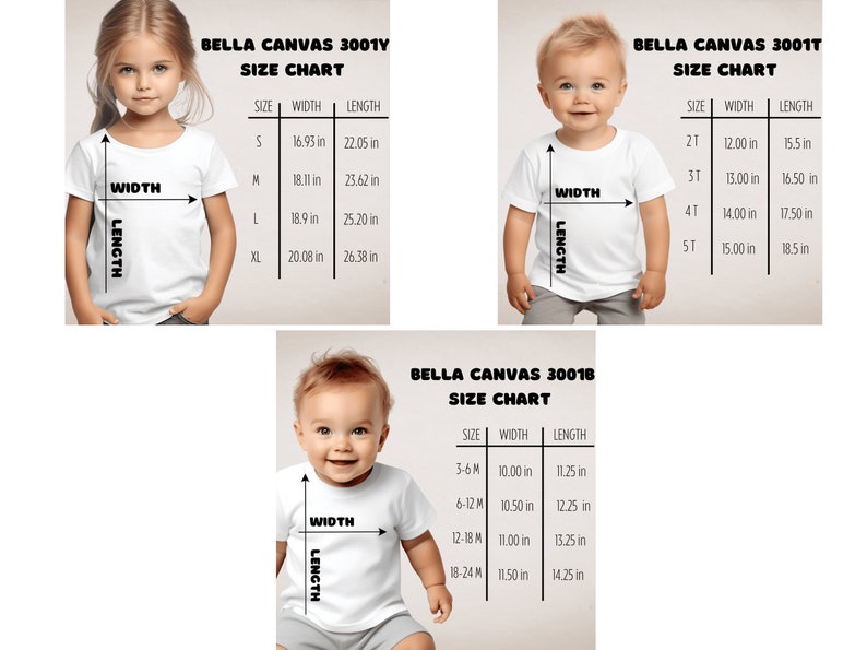 Puede incluir: Tabla de tallas para camisetas Bella Canvas 3001Y, 3001T y 3001B. La tabla muestra las medidas de ancho y largo en pulgadas para cada talla.