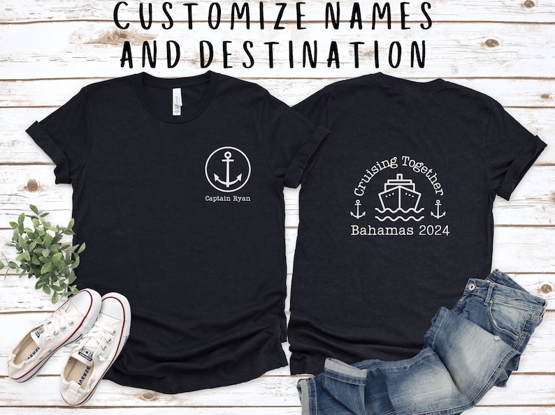 Puede incluir: Dos camisetas negras con un ancla blanca y el texto "Captain Ryan" en la parte delantera y un barco de crucero blanco con el texto "Cruising Together Bahamas 2024" en la parte posterior.