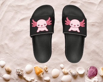 Kids Beach Sandals | Pink Axolotl Sandals | Youth Flip Flops | Childrens Slide Sandals | Black Animal Sandals