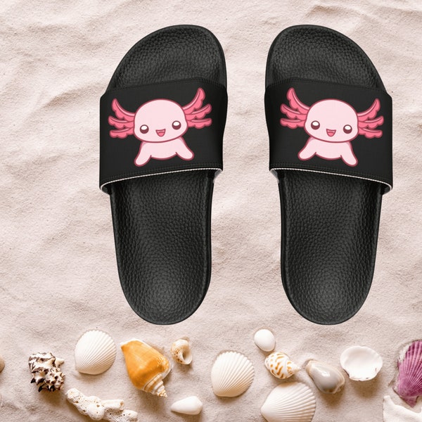 Kids Beach Sandals | Pink Axolotl Sandals | Youth Flip Flops | Childrens Slide Sandals | Black Animal Sandals