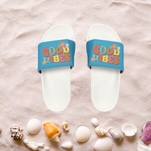Kids Beach Sandals | Youth Flip Flops | Childrens Slide Sandals | Retro Sandals | Good Vibes White Shoes | Kids Pool Shoes | Slide Sandals