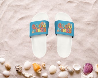 Kids Beach Sandals | Youth Flip Flops | Childrens Slide Sandals | Retro Sandals | Good Vibes White Shoes | Kids Pool Shoes | Slide Sandals