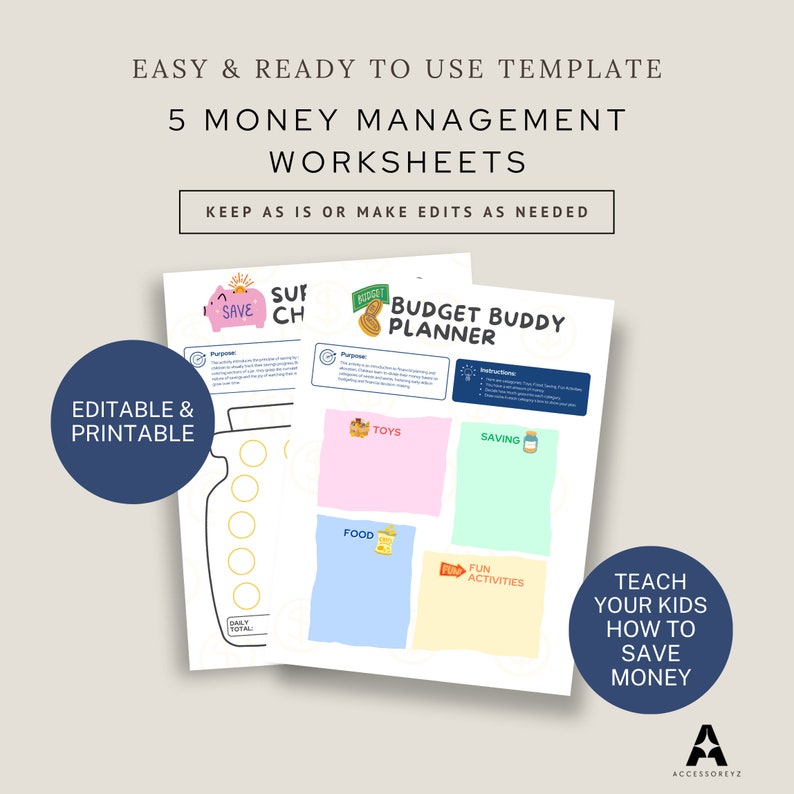 Kids Money Management Worksheets, Editable Templates for Kids, Money Management Template, Kids