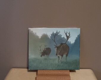 Ochtendwandeling Wildlife olieverfschilderij, handgemaakte elanden kunst, dier landschap wand decor, natuur kunst