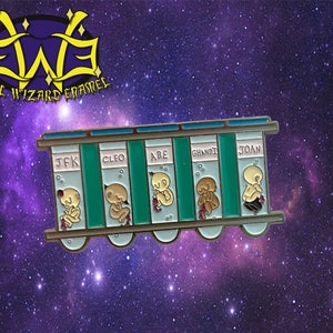 May include: A silver and green enamel pin depicting five figures in test tubes labeled JFK, Cleo, Abe, Ghandi, and Joan. The figures are cartoonish and have a retro style.