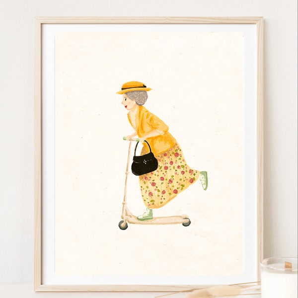 Granny And Her Scooter, Art Print, Cosy Wall Art, Original Whimsical Ilustration,Happy Art Print, Wall Decor, Gift for Women, Girls Present