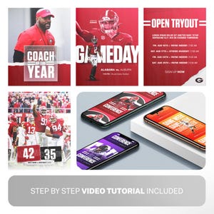 May include: A collage of images promoting a football game. The top left image shows a coach with the text "Coach of the Year". The top right image shows a football player with the text "Gameday" and "Alabama vs. Auburn". The bottom left image shows a group of football players with the text "42" and "35". The bottom right image shows a phone screen with the text "Conference".
