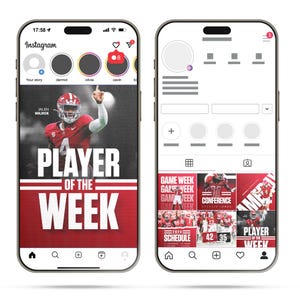 May include: A screenshot of an Instagram post featuring a football player in a red and white uniform. The post is titled "Player of the Week" and features the player's name, Jalen Milroe. The post also includes a schedule for the upcoming game week.