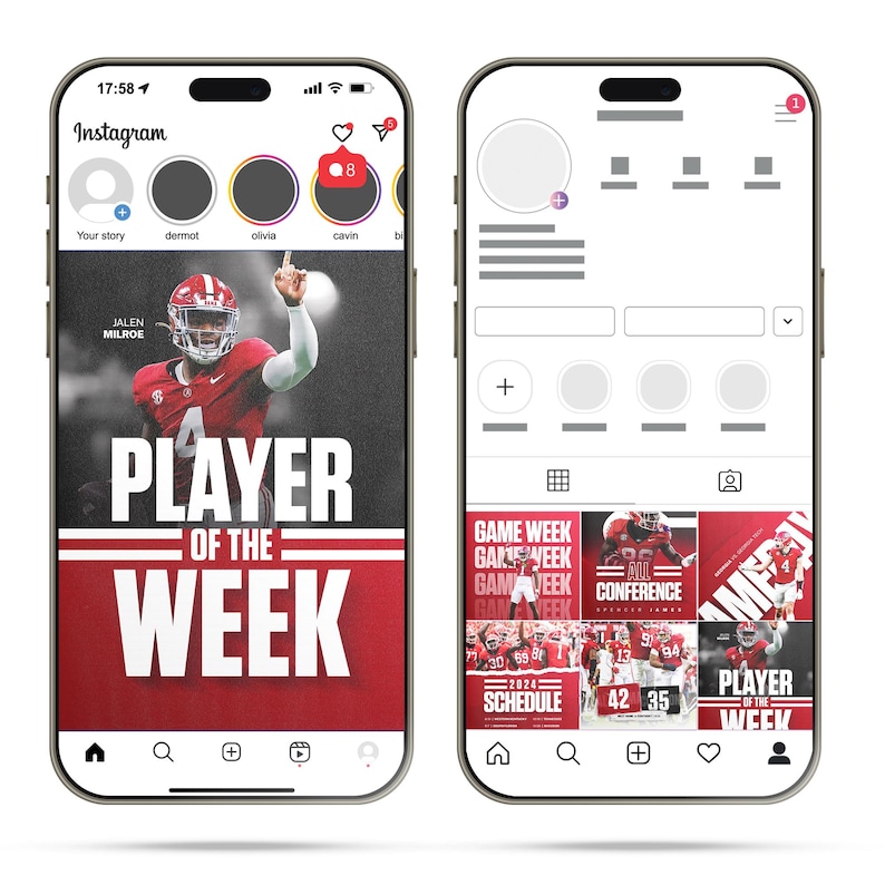 May include: A screenshot of an Instagram post featuring a football player in a red and white uniform. The post is titled "Player of the Week" and features the player's name, Jalen Milroe. The post also includes a schedule for the upcoming game week.