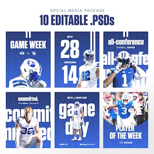 Sports Social Media Photoshop Templates - Gameday, Score, Schedule Graphics, Committed, and more | 10 Modern & Bold Graphics