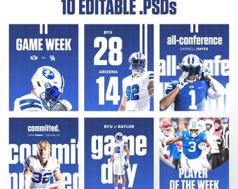 Sports Social Media Photoshop Templates - Gameday, Score, Schedule Graphics, Committed, and more | 10 Modern & Bold Graphics