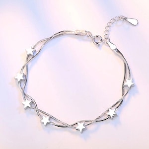 Sterling SilverSilver Star Love Charm Linked Bracelet Women Girls Jewellery