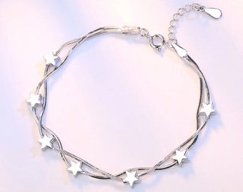 Sterling SilverSilver Star Love Charm Linked Bracelet Women Girls Jewellery