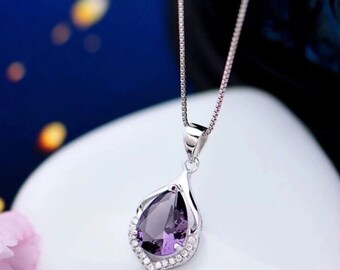 Sterling Silver Crystal Amethyst Pendant Chain Necklace Women's Girls Jewellery, Birthday Gift, Bridal Gift