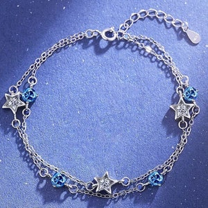 Sterling SilverSilver Double Layer White and Blue Star CZ Crystal Linked Charm Bracelet Women Girls Jewellery Gift