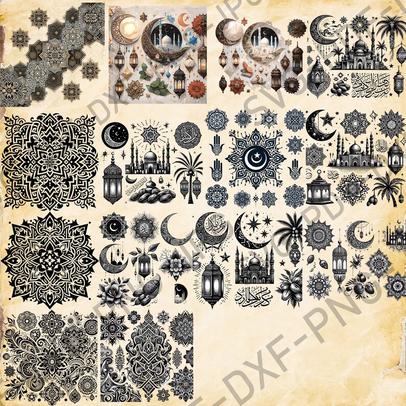May include: A collection of black and white illustrations featuring Islamic motifs. The illustrations include crescent moons, stars, lanterns, mosques, palm trees, and geometric patterns. The illustrations are perfect for use in digital or physical projects.