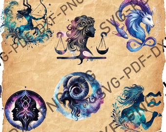 Printable 12 Zodiac Aquarell PNG Zeichen Clipart, Silhouette Zodiac Signs Design, Astronomie Clipart, Taurus Sternzeichen Horoskop Druck