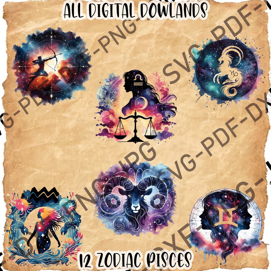Printable 12 Zodiac Watercolor PNG Sign Clipart, Silhouette Zodiac ...