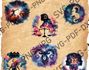 Printable 12 Sternzeichen Aquarell PNG Zeichen Clipart, Silhouette Sternzeichen Design, Astronomie Clipart, Widder Tattoo Design, Löwe, Schütze